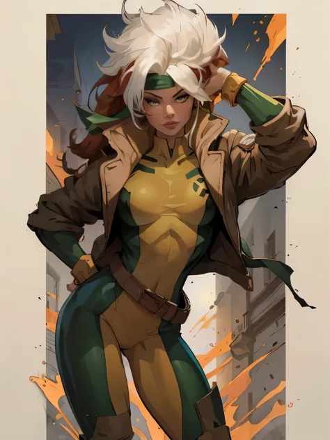 rogue, posing for a photo, slightly amused, toned, beautiful, attractive, x-men, lips, hourglass figure