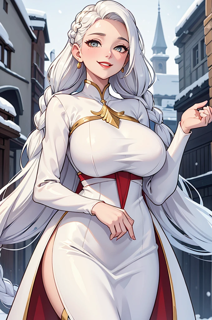 best quality, masterpiece,white hair, gold eyes,white clothes, looking up, upper body,hair strand,Fair skin,side braids Large bosom, extremely thin waist, exstremely thin hips. large red lips. Wide smile, gown the color of snow. Good humored whimsical full face.
