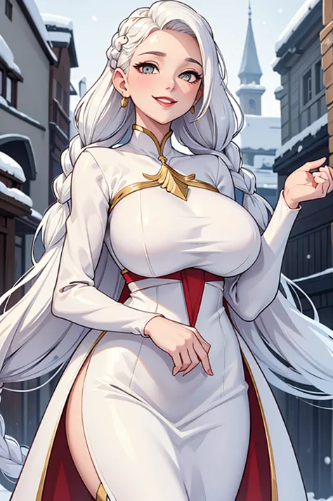 best quality, masterpiece,white hair, gold eyes,white clothes, looking up, upper body,hair strand,Fair skin,side braids Large bo...