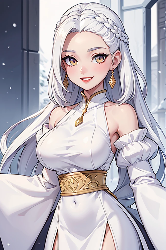 best quality, masterpiece,white hair, gold eyes,white clothes, looking up, upper body,hair strand,Fair skin,side braids Large bosom, extremely thin waist, exstremely thin hips. large red lips. Wide smile, gown the color of snow. Good humored whimsical full face.
