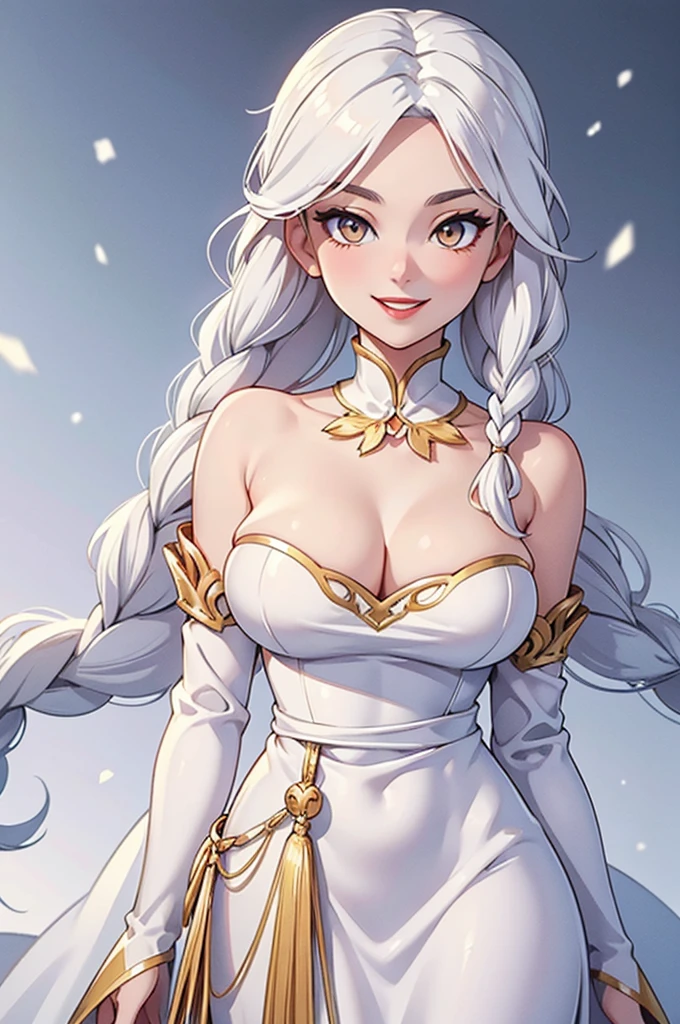 best quality, masterpiece,white hair, gold eyes,white clothes, looking up, upper body,hair strand,Fair skin,side braids Large bosom, extremely thin waist, exstremely thin hips. large red lips. Wide smile, gown the color of snow. Good humored whimsical full face.
