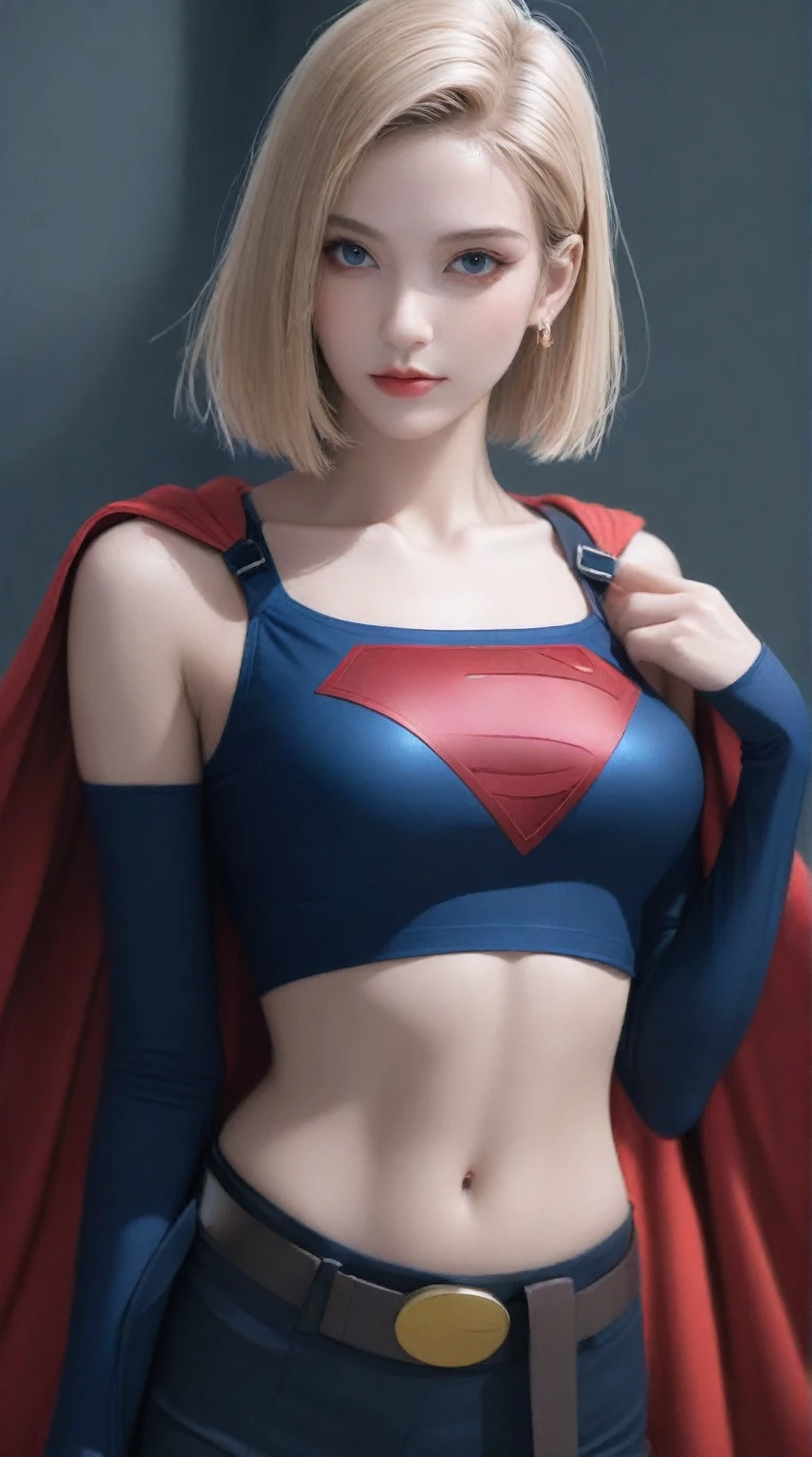 Un primer plano de una mujer con un disfraz de Superman posando para una foto, superchica, ig model | artegerm, anime visual of superchica, trending artegerm, extremely detailed artegerm, amouranth como supervillano, wojtek fus, chica poderosa, style artegerm, superhero body, Estilo anime realista 3D., artegerm style