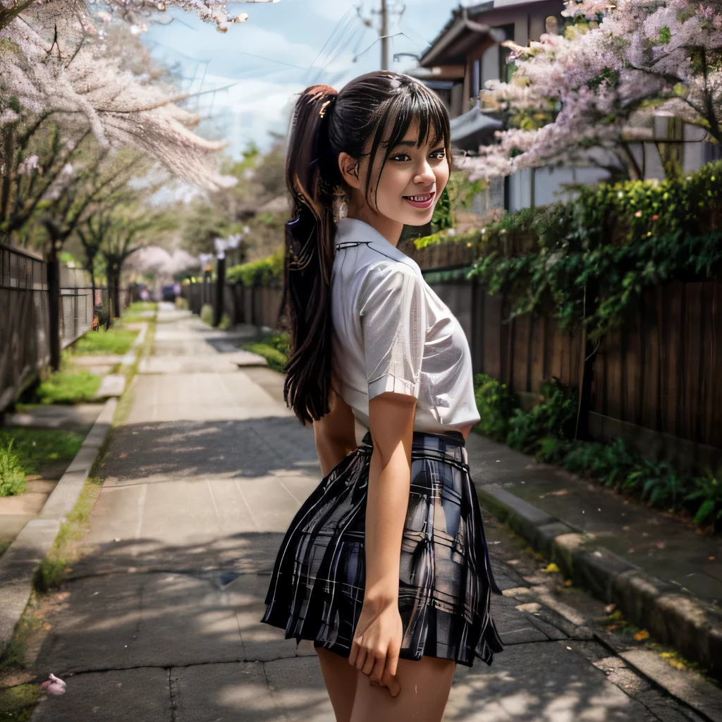 cute teenage girl, cute smile、pretty face、Height: approx. 160cm, brown eyes, Wearing a Japanese high 、ribbon on the chest、wear a pleated skirt、In the row of cherry blossom trees、double ponytail black hair, masterpiece, 最high quality, 超high quality, high quality, High resolution, ultla High resolution, disorganized, 4k, 8K, 16k, very detailed, Complex, great shading, high contrast, realistic, photo realistic, RAW photo, photo shoot, super detailed illustrations, shortening, perfect anatomy, correct anatomy, perfect proportions, perfect face, perfect hands, perfect legs, perfect fingers