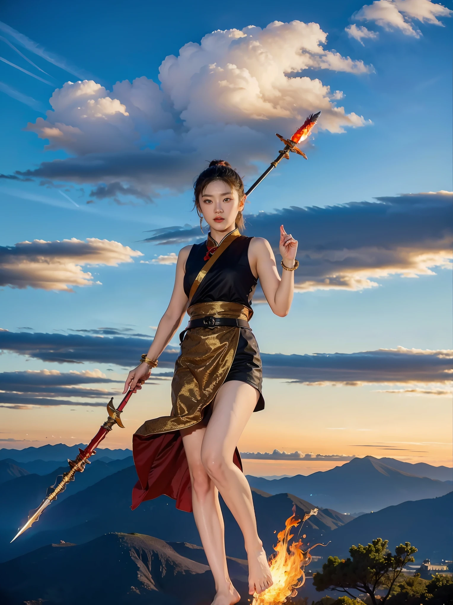 1 名女孩,  拿著長矛, (飛), 中国传奇,多雲的, 詳細的天空, 抽象背景, (火焰_电涌_風格:0.5)