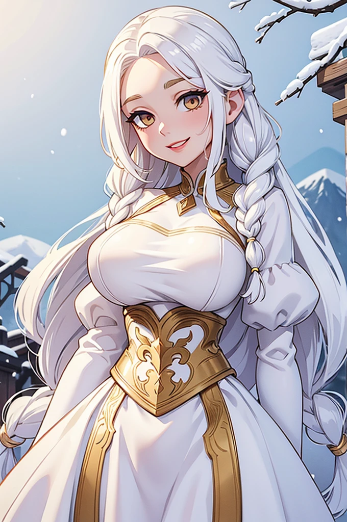 best quality, masterpiece,white hair, gold eyes,white clothes, looking up, upper body,hair strand long hair,Fair skin,side braids with coloured threads braided in them. Large bosom, extremely thin waist, exstremely thin hips. large red lips. Wide smile, gown the color of snow. Good humored whimsical full face.
