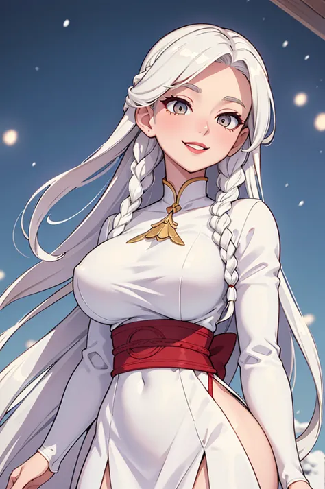 best quality, masterpiece,white hair, gold eyes,white clothes, looking up, upper body,hair strand long hair,Fair skin,side braid...