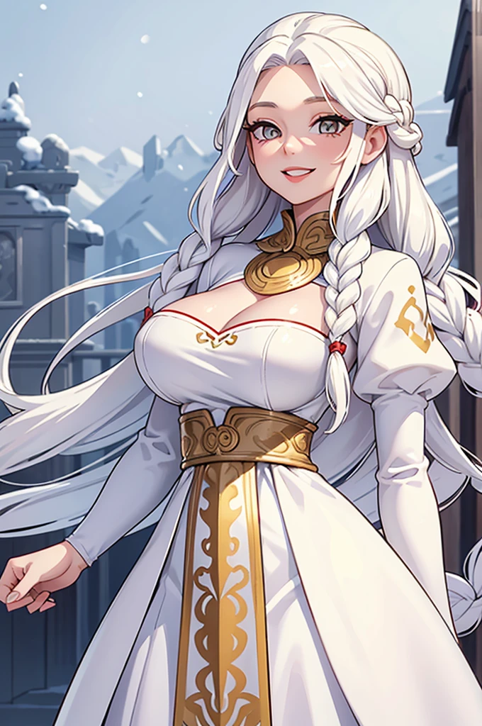 best quality, masterpiece,white hair, gold eyes,white clothes, looking up, upper body,hair strand long hair,Fair skin,side braids with coloured threads braided in them. Large bosom, extremely thin waist, exstremely thin hips. large red lips. Wide smile, gown the color of snow. Good humored whimsical full face.
