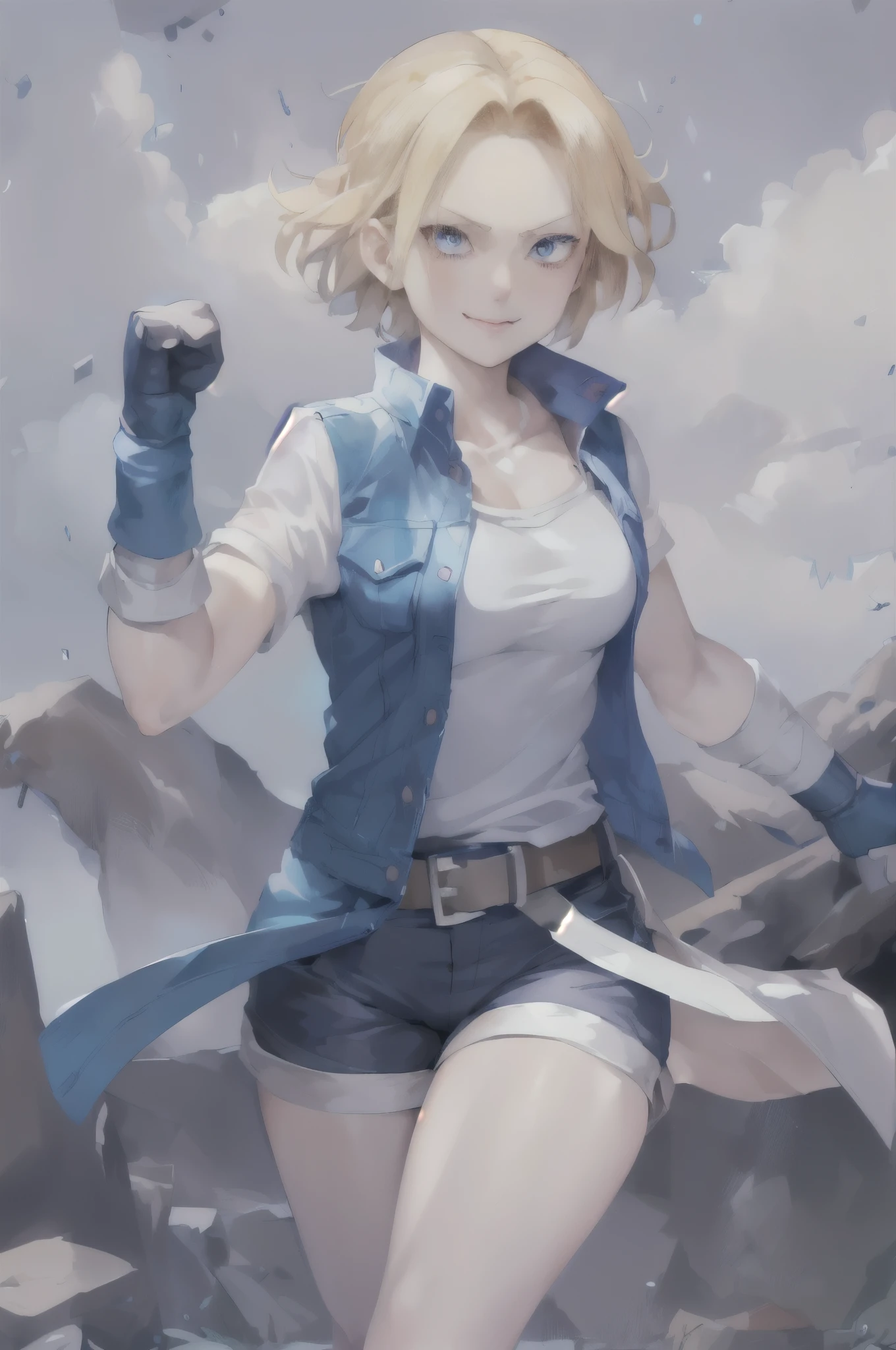 A woman in a blue vest and white shirt holding a knife - SeaArt AI