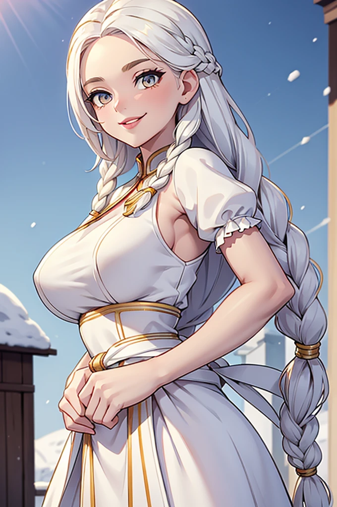 best quality, masterpiece,white hair, gold eyes,white clothes, looking up, upper body,hair strand long hair,Fair skin,side braids with coloured threads braided in them. Large bosom, extremely thin waist, exstremely thin hips. large red lips. Wide smile, gown the color of snow. Good humored whimsical full face.
