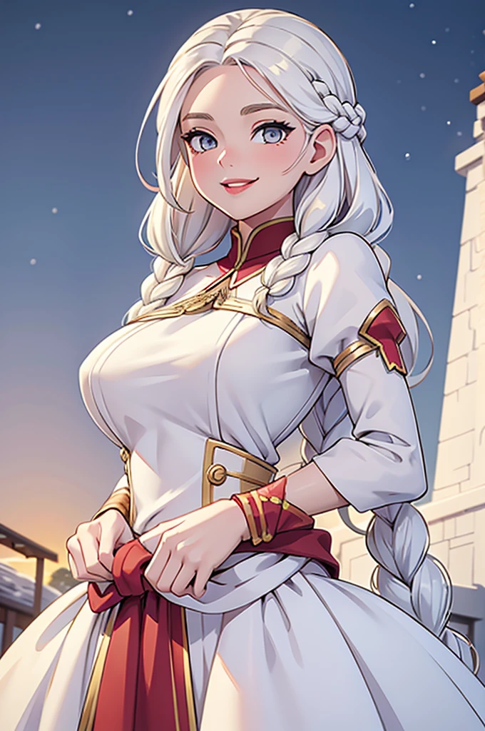 best quality, masterpiece,white hair, gold eyes,white clothes, looking up, upper body,hair strand long hair,Fair skin,side braids with coloured threads braided in them. Large bosom, extremely thin waist, exstremely thin hips. large red lips. Wide smile, gown the color of snow. Good humored whimsical full face.
