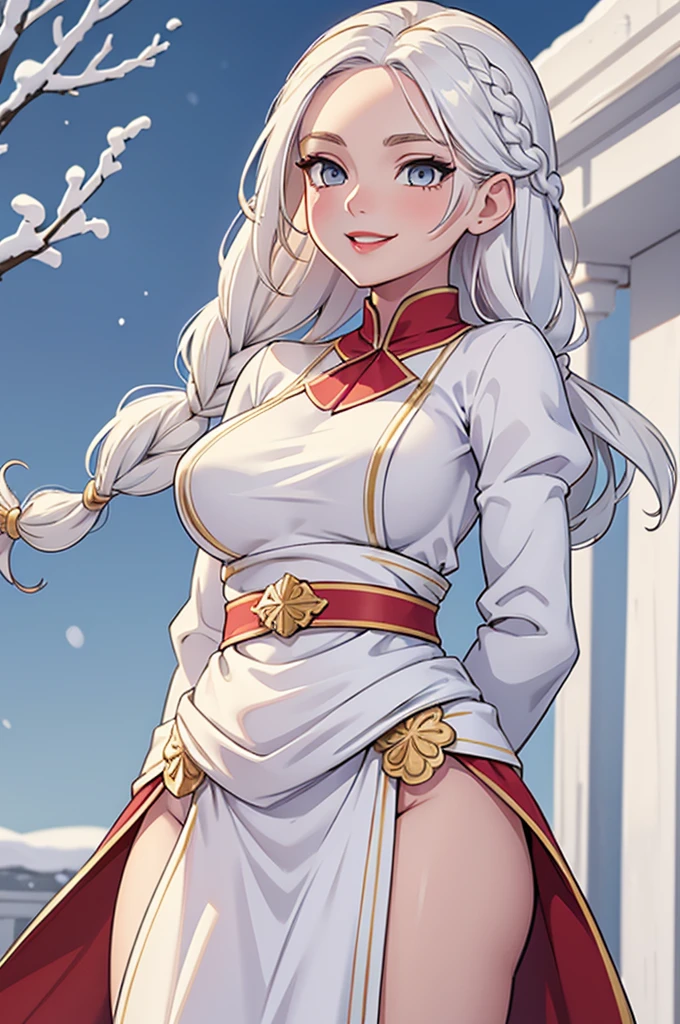 best quality, masterpiece,white hair, gold eyes,white clothes, looking up, upper body,hair strand long hair,Fair skin,side braids with coloured threads braided in them. Large bosom, extremely thin waist, exstremely thin hips. large red lips. Wide smile, gown the color of snow. Good humored whimsical full face.
