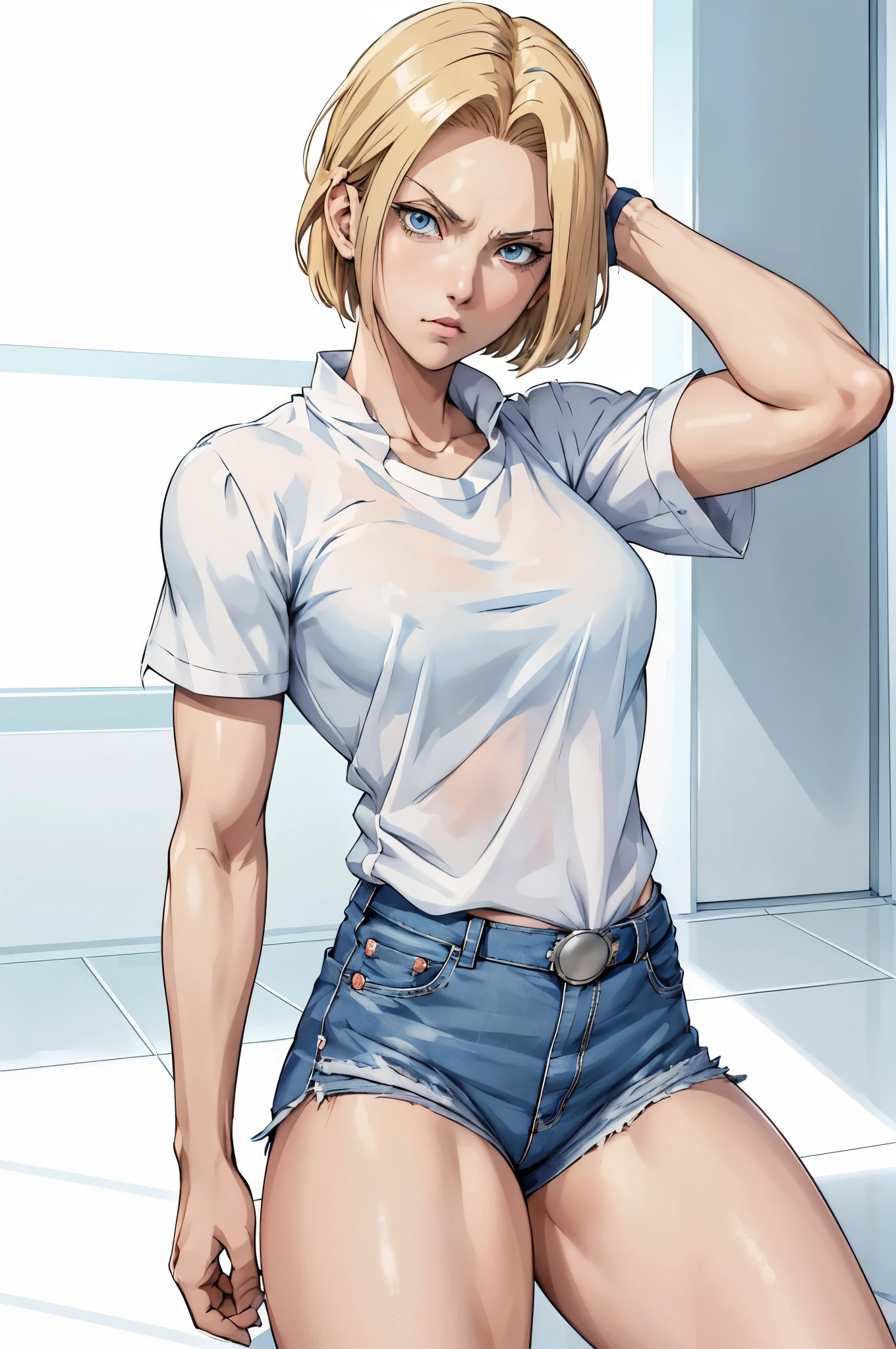 A woman in a white shirt and blue shorts posing for a picture - SeaArt AI