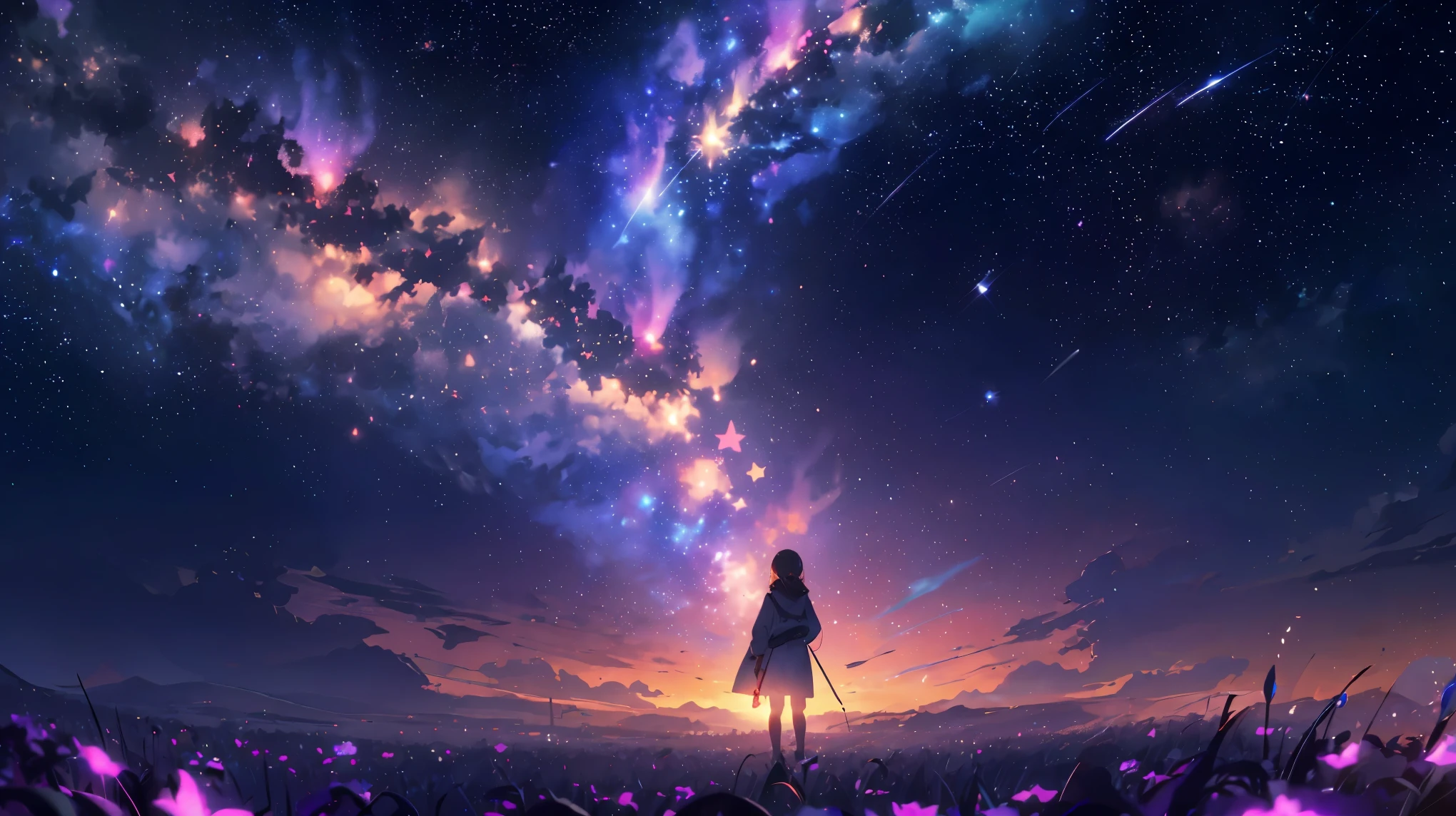 {{obra maestra}}, mejor calidad, fondo de pantalla CG unidad 8k extremadamente detallado, iluminación cinematográfica, destello de lente,detalle, purpura, particulas, estrellas, galaxia, nebulosas moradas, paisaje, hermoso, gamma morados