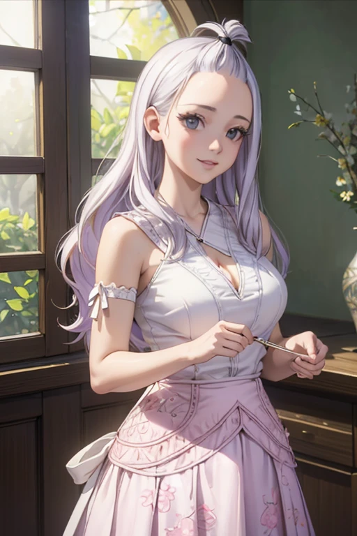 ultra realistic 8k cg, masterpiece, ((ultra detailed background, delicate pattern, intricate detail)), (highly detailed, fine details), best quality, 1girl, (photorealistic:1.4),beautiful lighting, absurdres, RAW photo, film grain, Mirajane Strauss with a beautiful smile wearing a white shirt and a long floral skirt 