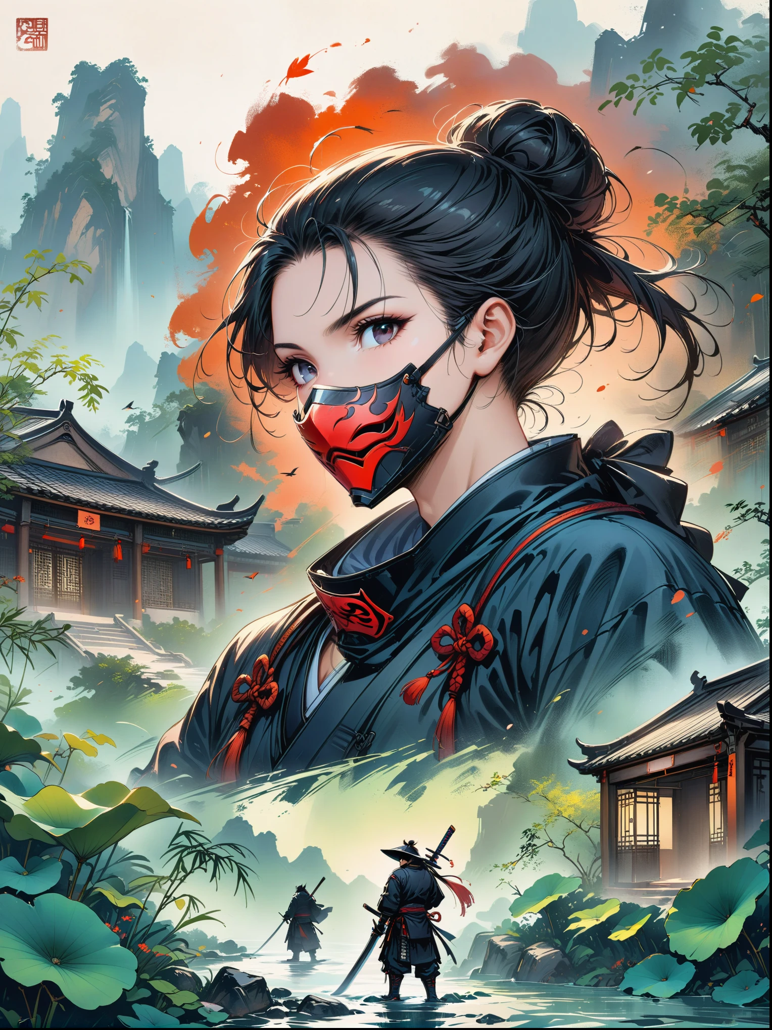 Scarlet concept art，Wearing a ninja costume with a black and red mask，Black hair combed into a bun，Bangs cover half of the face，The mask covers the mouth，Only the chin is covered，Wearing a black eye mask around the neck，portrait from waist up，stand on the wall，The back is a samurai sword，Artstation style numbers， dynamic poses，Chinese ink style，film lighting，(first-person view, masterpiece, ccurate, anatomically correct, high details, best quality, 8k)