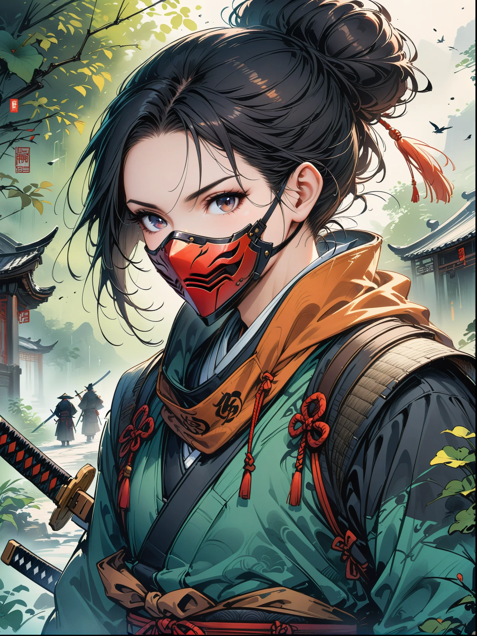 Scarlet concept art，Wearing a ninja costume with a black and red mask，Black hair combed into a bun，Bangs cover half of the face，The mask covers the mouth，Only the chin is covered，Wearing a black eye mask around the neck，portrait from waist up，stand on the wall，The back is a samurai sword，Artstation style numbers， dynamic poses，Chinese ink style，film lighting，(first-person view, masterpiece, ccurate, anatomically correct, high details, best quality, 8k)