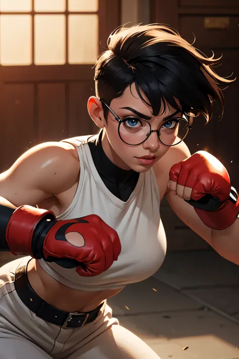 Wide angle shot, beautiful female street fighter, wearing large glasses, black undercut hair, wearing large steel knuckles