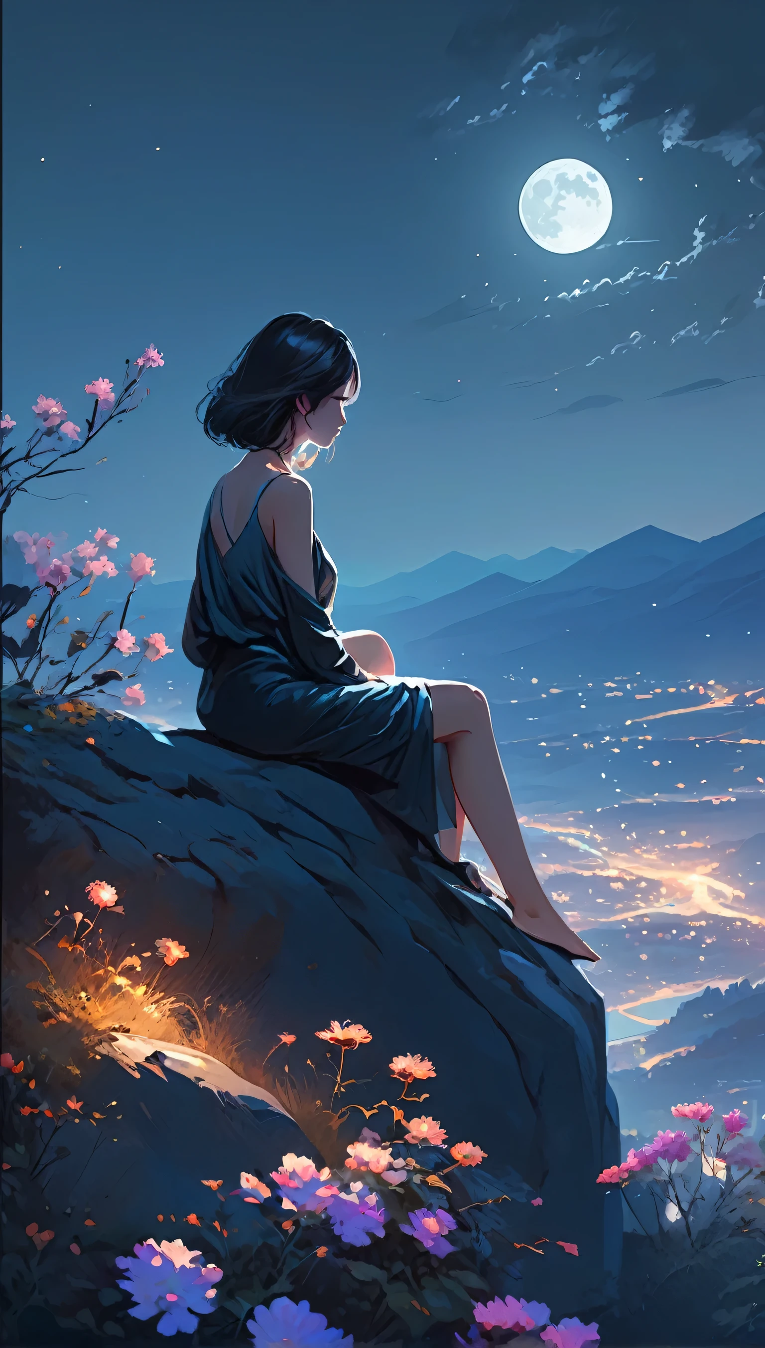 una mujer sentada en la cima de una roca bajo la luna llena, cielo nocturno lleno de flores, arte del paisaje de ensueño, impresionante arte digital, ross tran. fondo escénico, ilustración serena, makoto shinkai y tom bagshaw, impresionante ilya kuvshinov, magnífico arte digital, preciosa pintura digital, beautiful magnífico arte digital, hermosa ilustración digital, Pintura atmosférica de paisajes oníricos
, 4k de alta definición,, hermoso arte uhd 4k, Una hermosa ilustración artística., hermosa pintura digital, pintura digital muy detallada, hermosa obra de arte digital, pintura detallada 4k, pintura digital muy detallada, colores ricos y pintorescos, preciosa pintura digital