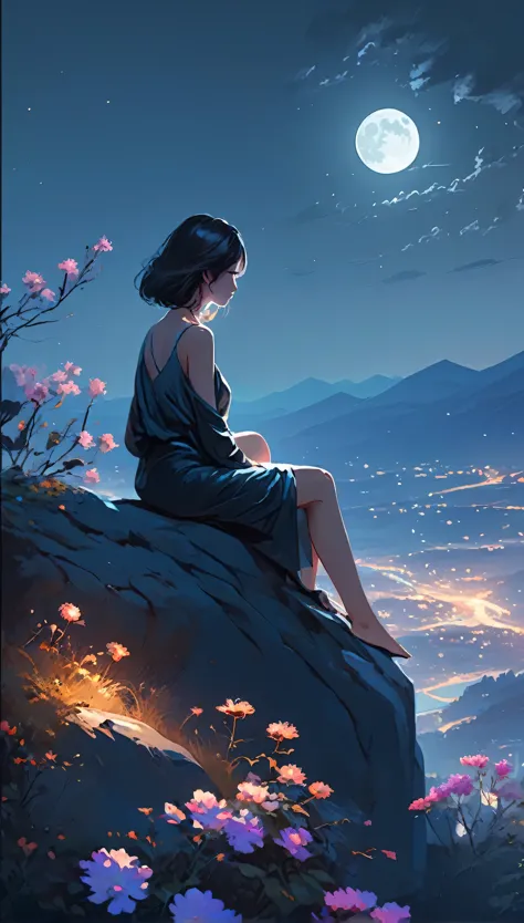a woman sitting on top of a rock under a full moon, night sky full of flowers, dream scenery art, breathtaking digital art, ross...