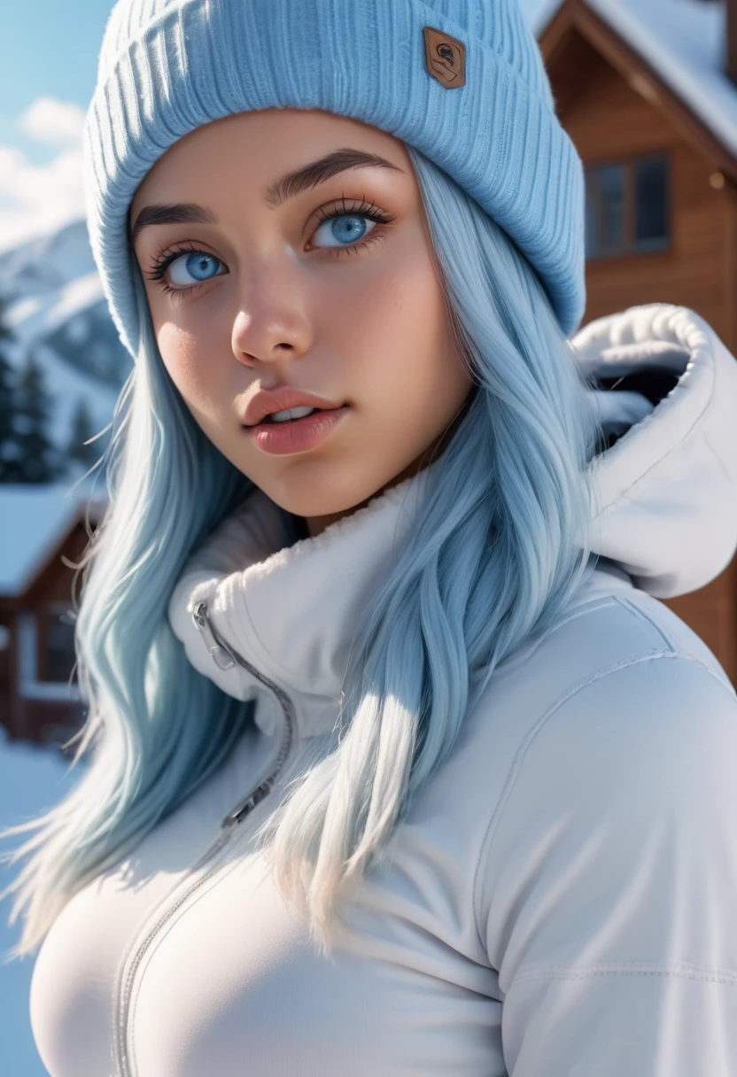 (masterpiece, best quality, photorealistic, Instagram photo,1 girl, Nia Johnson, sexy girl, beautiful girl, young lady, solo, Realism, natural light, ray tracing, Subsurface scattering, high-resolution, realistic style, 8k , official art, aesthetic, high contrast, extreme detailed background, soothing tones, realistic, beautiful light blue eyes, (determined face), perfect face, detailed face, detailed hair, shiny skin, perfect skin, 20 years old:1.2), blush,(opening clothes:1.3), Thick long light blue hair, cute toque, (wide shot:1.5),(breast,cleavage:1.1), (Sports theme:1.5),((snowboarding), ((blowing kiss)), (wearing white_light_blue_winter_outfit:1.3),1girl,Breasts