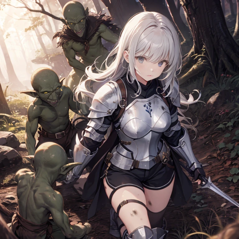 A female knight, (in forest), wearing armored clothes, metal armor, night, details face, , shorts, surrounded by goblins, various weapons, dirty