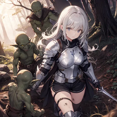 A female knight, (in forest), wearing armored clothes, metal armor, night, details face, , shorts, surrounded by goblins, variou...