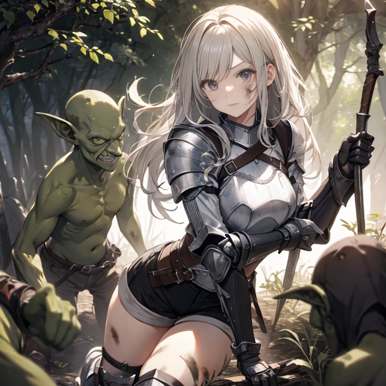 A female knight, (in forest), wearing armored clothes, metal armor, night, details face, , shorts, surrounded by goblins, various weapons, dirty