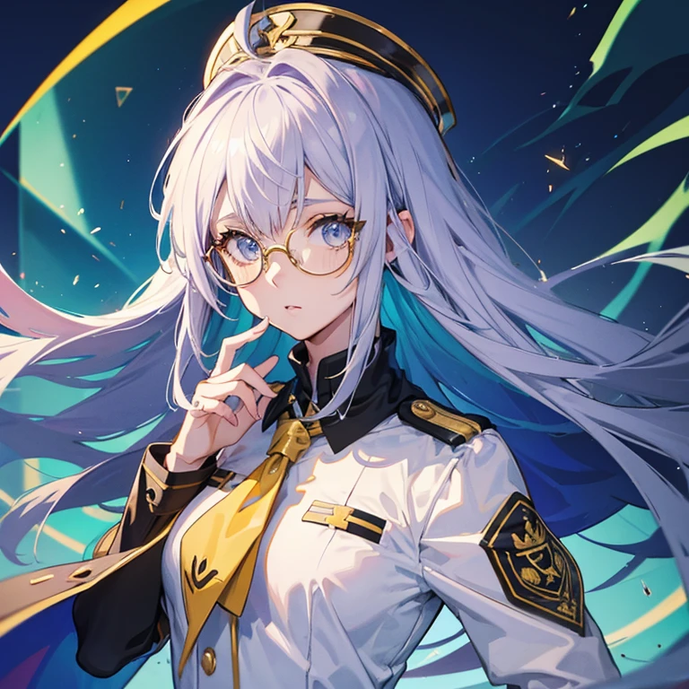 (Menina bonita 2d) (cabelo longo e branco) (she wears gold glasses) (ela usa um uniforme militar roxo) (foco no rosto) (corajosa) (tem olhos vermelhos e azuis) (heterocromia nos olhos)