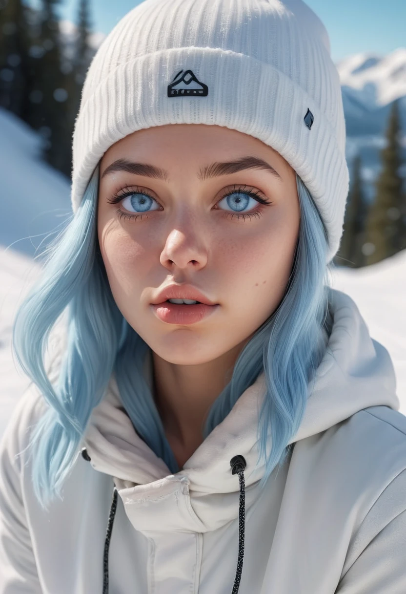 (masterpiece, best quality, photorealistic, Instagram photo,1 girl, Nia Johnson, sexy girl, beautiful girl, young lady, solo, Realism, natural light, ray tracing, Subsurface scattering, high-resolution, realistic style, 8k , official art, aesthetic, high contrast, extreme detailed background, soothing tones, realistic, beautiful light blue eyes, (sad face), perfect face, detailed face, detailed hair, shiny skin, perfect skin, (22 years old:1.4), blush,(opening clothes:1.1), Thick long light blue hair, cute toque, (wide shot:1.5),(breast,cleavage:1.1), (Sports theme:1.5),((snowboarding), ((blowing kiss: 1.5)), (wearing white_light_blue_winter_outfit:1.3),1girl,Breasts