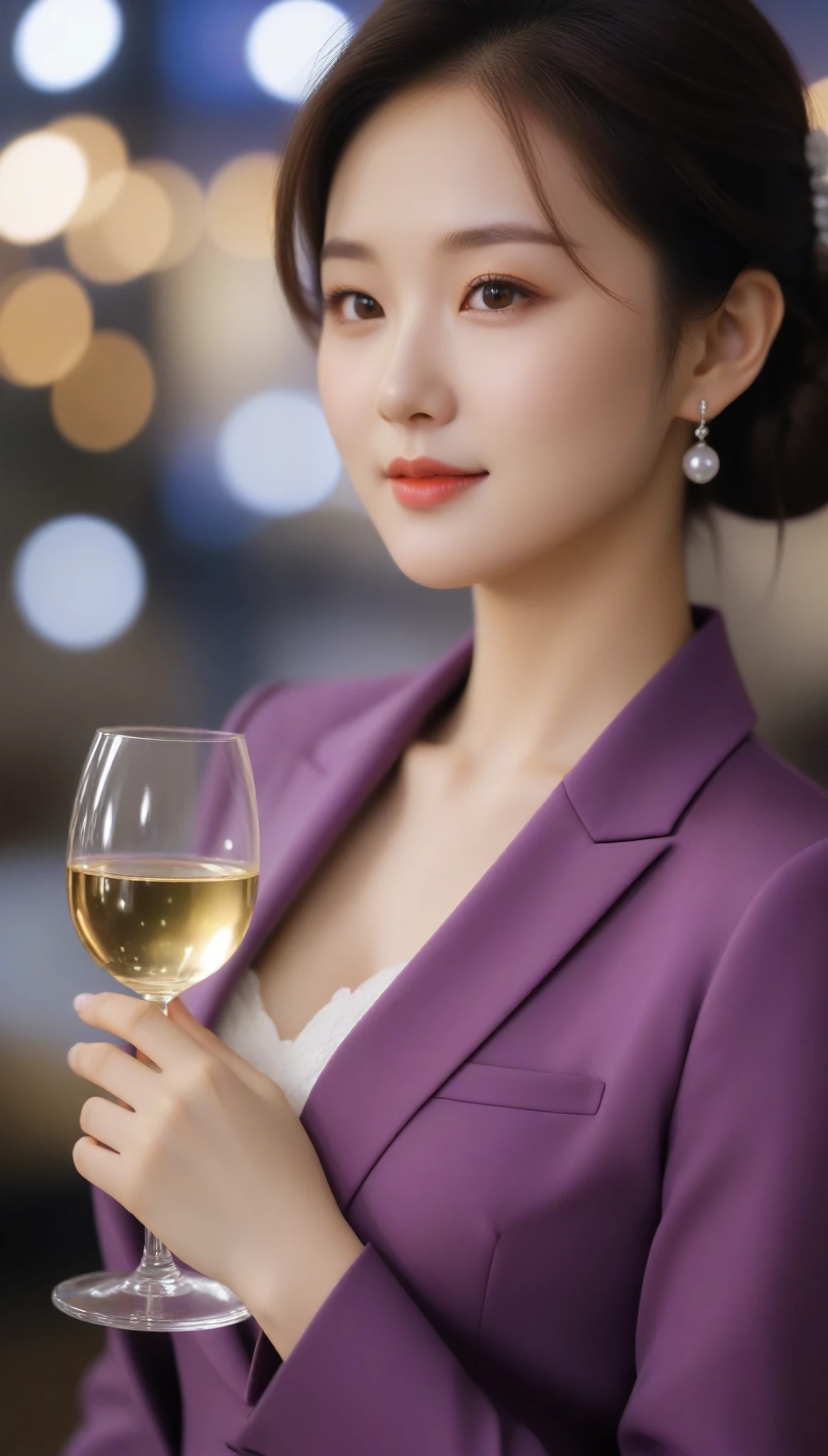 Nahaufnahme, Seitenaufnahme einer schönen koreanischen Frau, 34 Zoll Brustgröße, leicht lächeln, trägt lila Anzug, weißer Handschuh, Weinglas halten, Bokeh-Hintergrund, UHD