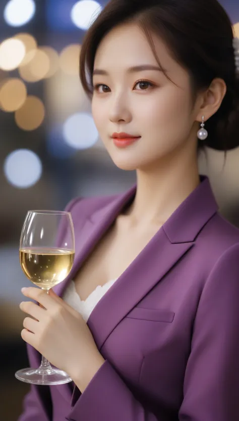 close-up, side shot of beautiful korean female, 34 inch breasts size, slightly smile, wearing purple suit, white glove, holding ...