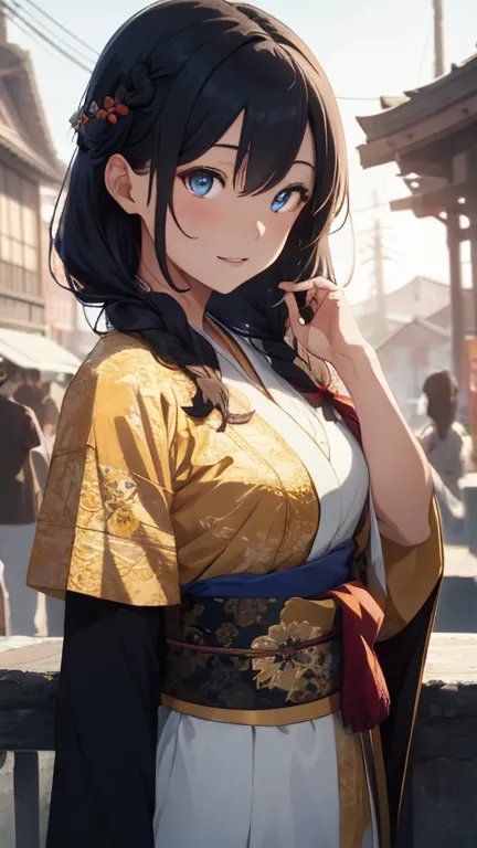 Beautiful Asian woman with a flirting smile, A super ronin wearing a golden lace kimono, Meiji Restoration, blue eyes, Focus on ...