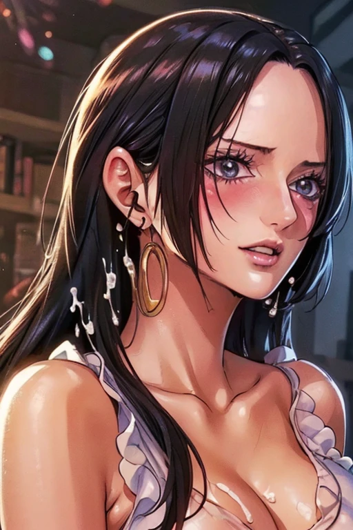 (((masterpiece))), (((best quality))), ((ultra-detailed)), (highly detailed CG illustration), Boa Hancock, (nsfw:1.4), (masterpiece:1.5), Detailed Photo, Sexy, (Best Quality: 1.4), (1girl), Beautiful Face, (Black Hair, long Hair: 1.3), Beautiful Hairstyle, beautiful detail eyes, (realistic skin), beautiful skin, absurd, attractive, ultra high resolution, high definition, (sexually aroused:1.5), Pinkish white skin, cool white light, sexy pose, Beautiful , white background, pink soft white light, Wear a white tank top, (bukkake:1.8), (milf:1.5)