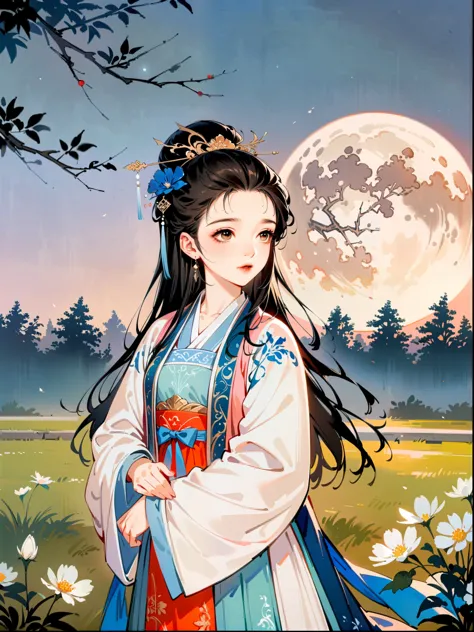 (cowboy shot:1.8)，1girl，night，huge full moon，outdoor，Hanfu，patio，branches，flowers，grassland，（black and white ink painting：1.8），b...