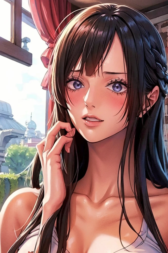 (((masterpiece))), (((best quality))), ((ultra-detailed)), (highly detailed CG illustration), Boa Hancock, (nsfw:1.4), (masterpiece:1.5), Detailed Photo, Sexy, (Best Quality: 1.4), (1girl), Beautiful Face, (Black Hair, long Hair: 1.3), Beautiful Hairstyle, beautiful detail eyes, (realistic skin), beautiful skin, absurd, attractive, ultra high resolution, high definition, (sexually aroused:1.5), Pinkish white skin, cool white light, sexy pose, Beautiful , white background, pink soft white light, Wear a white tank top, 