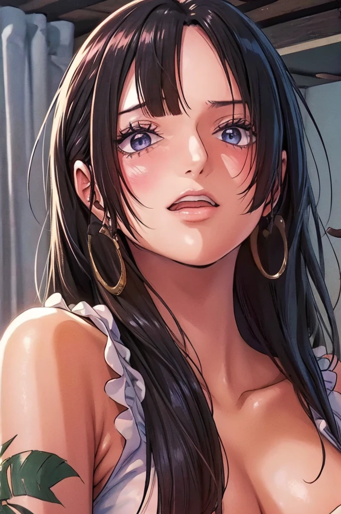 (((masterpiece))), (((best quality))), ((ultra-detailed)), (highly detailed CG illustration), Boa Hancock, (nsfw:1.4), (masterpiece:1.5), Detailed Photo, Sexy, (Best Quality: 1.4), (1girl), Beautiful Face, (Black Hair, long Hair: 1.3), Beautiful Hairstyle, beautiful detail eyes, (realistic skin), beautiful skin, absurd, attractive, ultra high resolution, high definition, (sexually aroused:1.5), Pinkish white skin, cool white light, sexy pose, Beautiful , white background, pink soft white light, Wear a white tank top, 