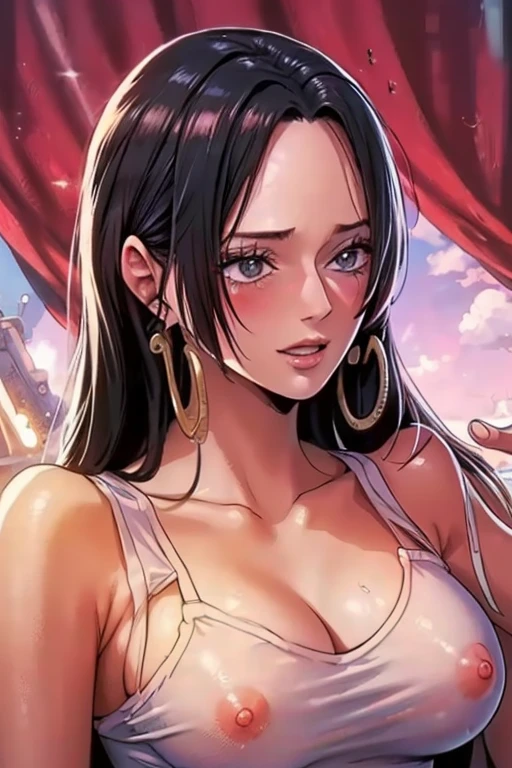(((masterpiece))), (((best quality))), ((ultra-detailed)), (highly detailed CG illustration), Boa Hancock, (nsfw:1.4), (masterpiece:1.5), Detailed Photo, Sexy, (Best Quality: 1.4), (1girl), Beautiful Face, (Black Hair, long Hair: 1.3), Beautiful Hairstyle, beautiful detail eyes, (realistic skin), beautiful skin, absurd, attractive, ultra high resolution, high definition, (sexually aroused:1.5), Pinkish white skin, cool white light, sexy pose, Beautiful , white background, pink soft white light, Wear a white tank top, 