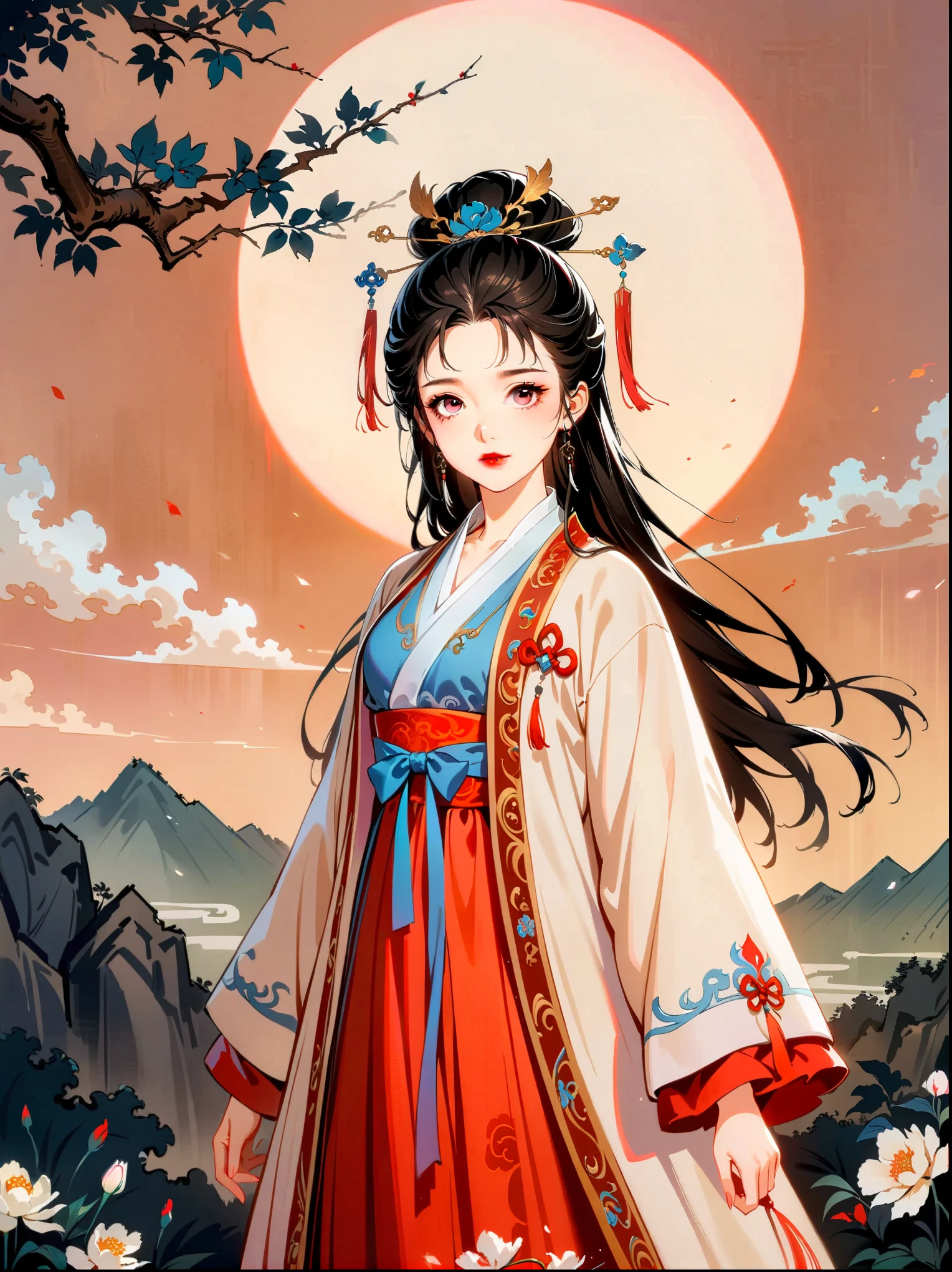 (cowboy shot:1.5)，1girl，Exquisite facial features，perfect face，Pink Eye Shadow，red lips，stable，Calm，martial arts，Ming Dynasty Hanfu Clothing，(smoke:1.2)，(Glowing behind:1.2)，(film lighting，Ray tracing，best quality，masterpiece，official art，Extremely detailed CG unified 8K wallpaper，Highly detailed，absurdes，studio lighting，studio，high resolution)