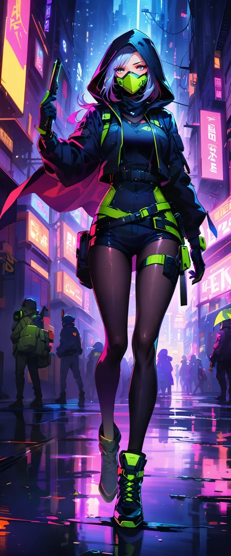 Cyberpunk female ninja，(face mask)，Stylish details clothing，beautiful detailed face，(Night vision control glasses)，stylish shoes...