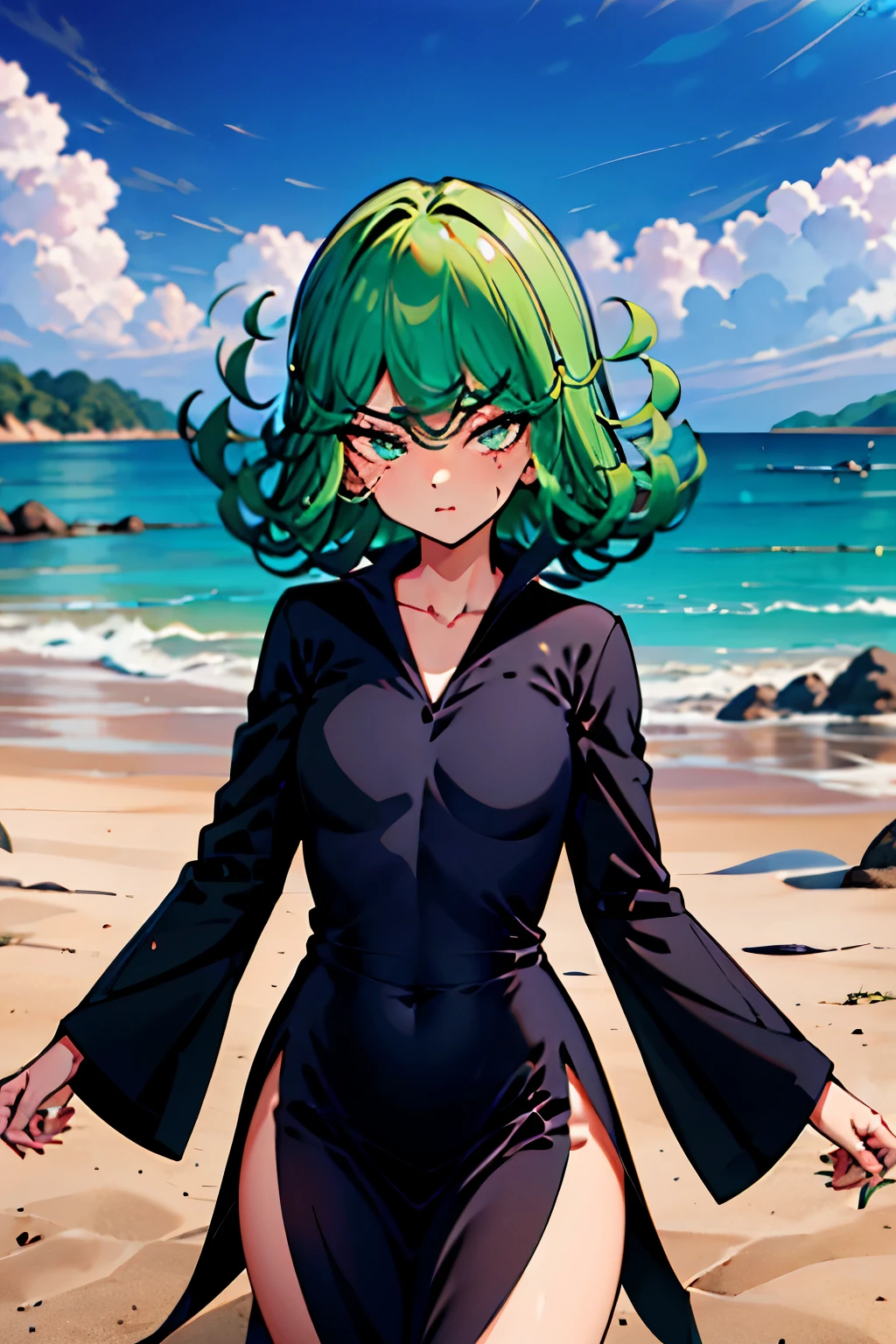 (masterpiece, Best Quality: 1.2), cowboy shot, Alone, 1 girl, (Tatsumaki), angry, Closed mouth, looking at the viewer, Crossed arms, black dress, blue sky, clouds, wide hip, thick thighs, defined body, Perfect beautiful body, perfect beautiful, White micro panties inserted in the crotch.