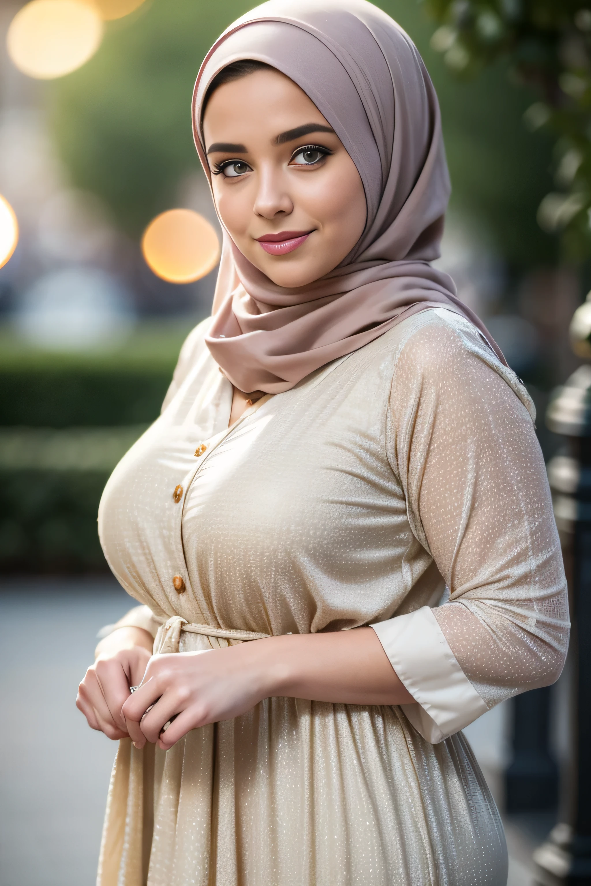 A woman wearing a beige dress and a hijab - SeaArt AI