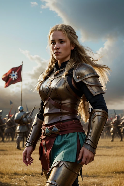 ((best quality)), ((masterpiece)), (detailed) photography, photorealistic:1.4, ultra high resolution, UHD, with Long blonde hair:1.3, highly detailed face: 1.3, Brown eyes, slim, thin, athletic, muscular, fierce expression, jewelry, Full body, a large army in the background, blurred background (on an ancient battlefield, highly detailed revealing bronze age Nordic warrior armor, Open lips, walking, armed with a large sword, multiple white,blue and red banners waving, determined facial expression, smoke filled air