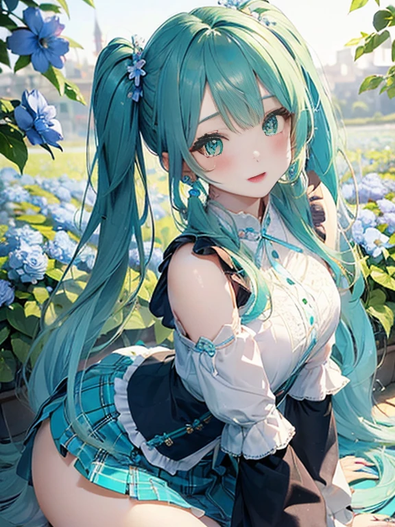 The arrival of spring、big butt、 (alone:1.5,)Super detailed,bright colors, very beautiful detailed anime face and eyes, look straight, ;d, shiny_skin,girl, ((White long hair,Inner color is red 、forehead is exposed.、green eyes、、shiny hair, delicate beautiful face, blush、(turquoise eyes), White skin, Valletta, earrings,、blue flower field、、checked skirt、twin tails