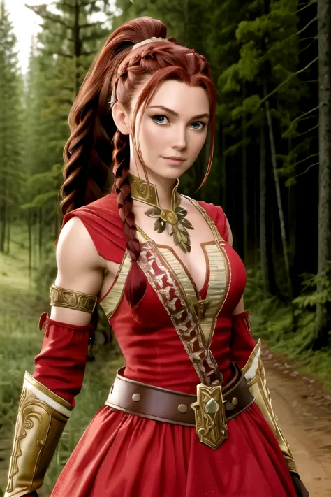 titania, braided ponytail, armor, red dress, belt, gauntlets, gloves, solo, solo, detailed face, looking at viewer, upper body, ...