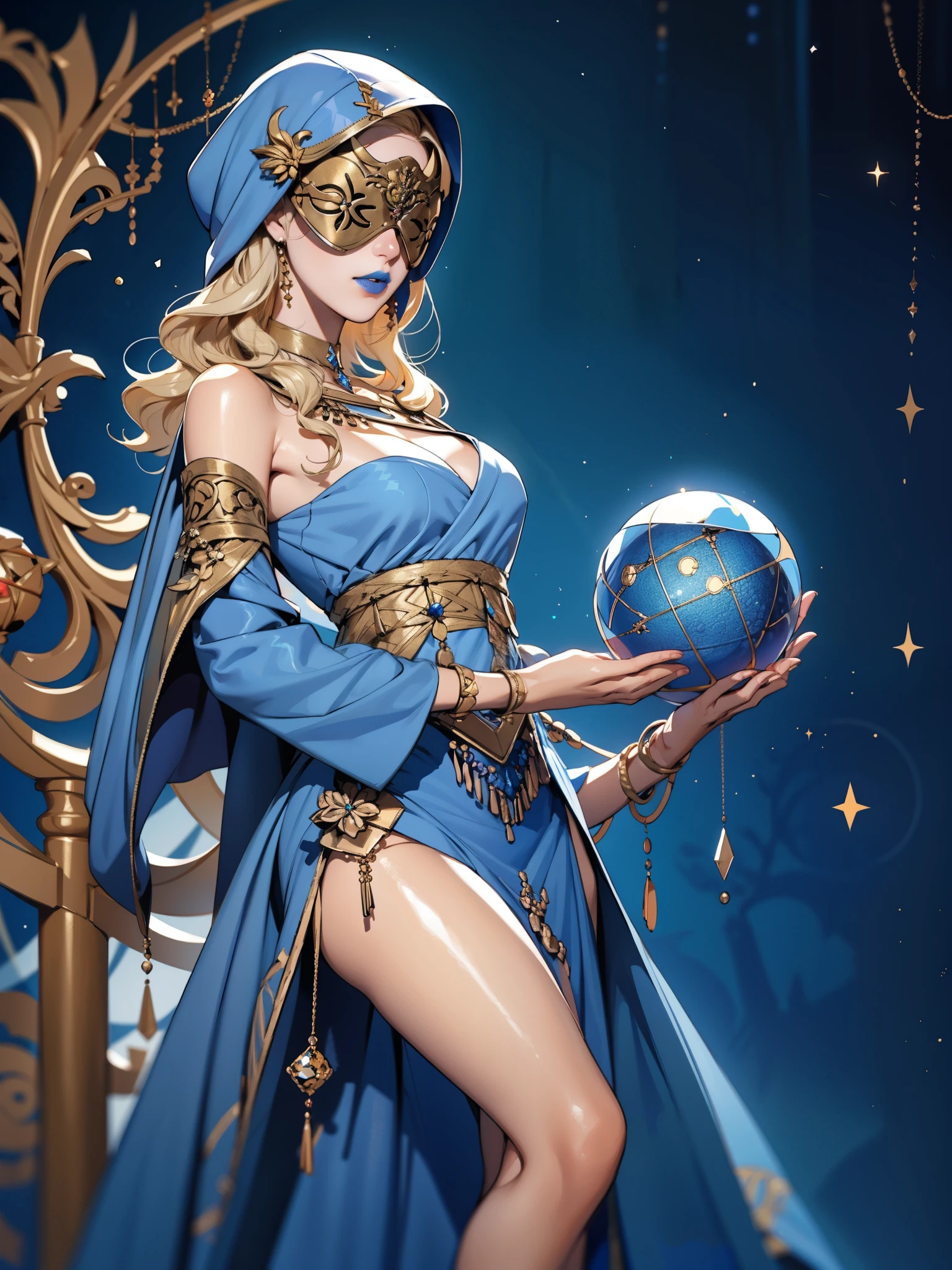 realistic:1.4, hood up:1.2, blonde hair, covered eyes, long hair, hair over shoulder, robe, blind mask, danceroutfit, light blue clothes, crystal ball, sphere, cape, blue lipstick, cleavage, 1girl, solo, (masterpiece:1.6, best quality),