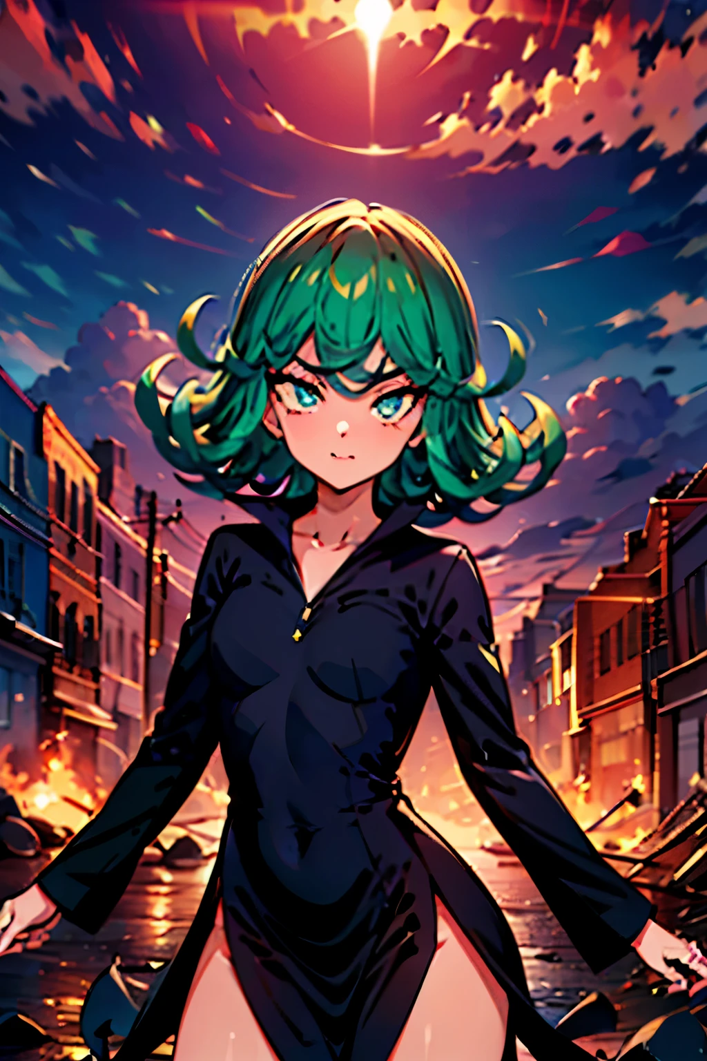 (Masterpiece, Best Quality: 1.2), cowboy shot, Alone, 1 girl, (Tatsumaki), angry, Closed mouth, looking at the viewer, crossed arms, black dress, blue sky, clouds, wide hip, thick thighs, defined body, Perfect beautiful body, perfect beautiful, White micro panties inserted in the crotch.