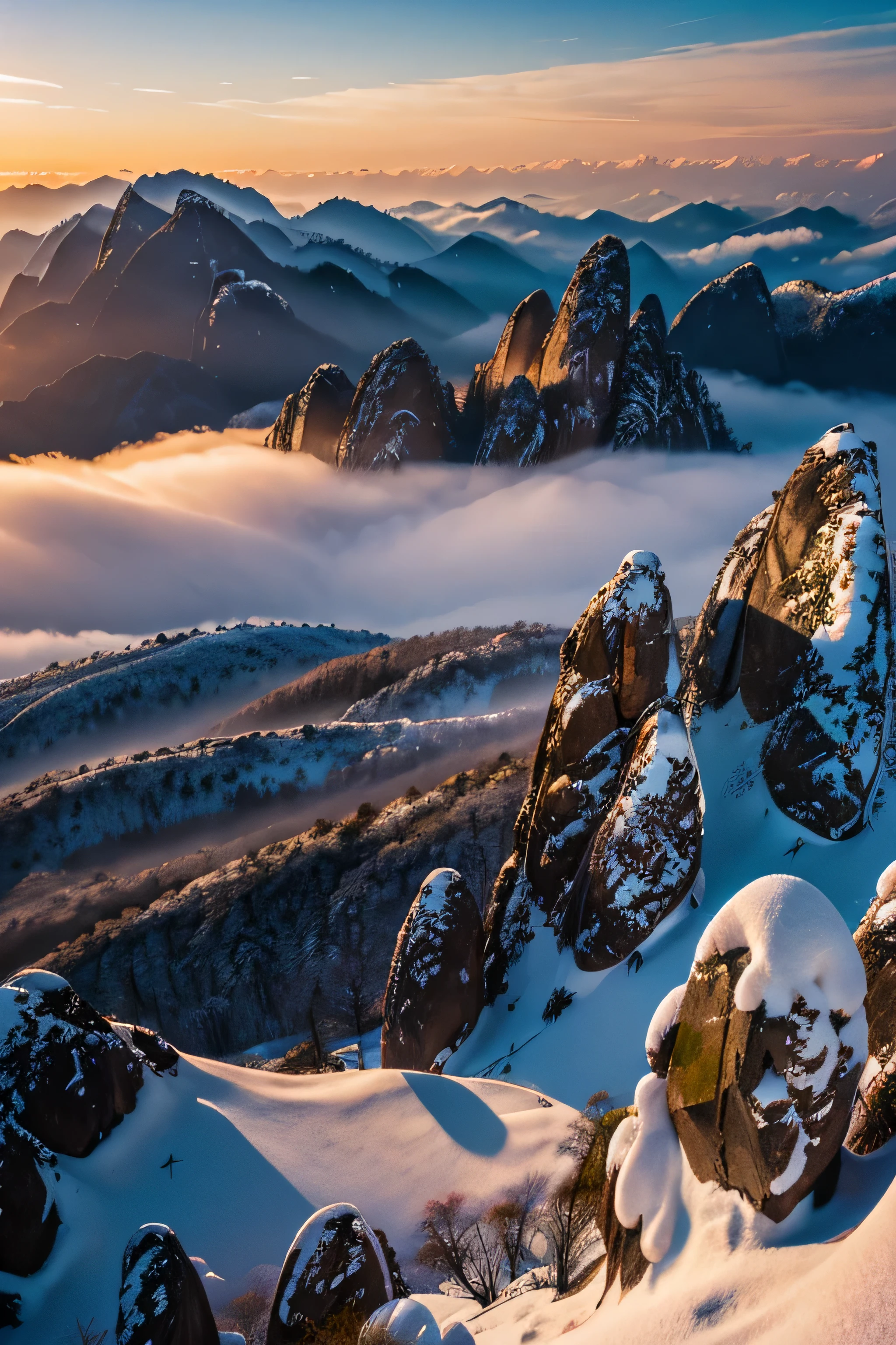 landscape photography，huangshan，snow，Big Snow，aerial photography，Mountains and mountains，golden hour，addams