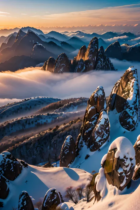 landscape photography，huangshan，snow，big snow，aerial photography，mountains and mountains，golden hour，addams