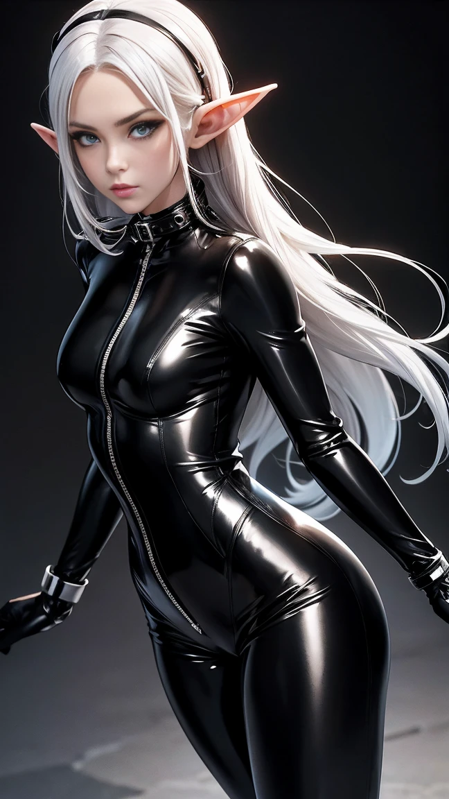 One, super good photo, портрет Unreal Engine 5 8K UHD красивой девушки, elf, long white hair, latex miniskirt, tight black latex catsuit, With zipper closure, in a tight black latex outfit, sleek black jumpsuit, Black cult character, Smooth black leather, black body, PVC, a little black, futuristic glossy latex suit, Rubber suit, резиновые belts, collar, rubber glove, rubber high boots, cuffs for arms and legs, belts, Best quality, masterpiece, official art, Unified Wallpaper 8K, Super detailed, sharp focus, dynamic pose, body parts, no extra limbs, It is anatomy