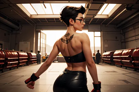 Wide angle, rear view, beautiful female fighter, wearing large glasses, black undercut hair, large steel knuckles